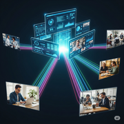 A holographic photo of digital platforms in the center that are connected by colored ray of lights that reflect different work tasks.