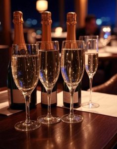 champagne bottles and elegant glasses on a VIP table