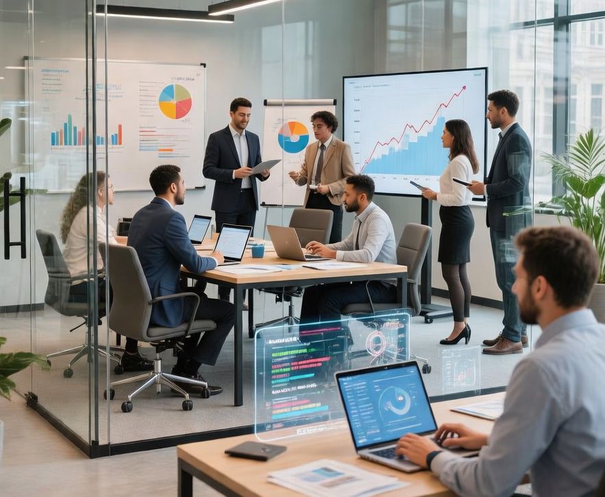 Group of people in the business sector having discussion about digital commerce