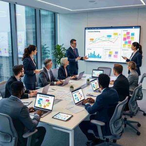 Corporate innovation brainstorming session with diverse professionals around a table, digital screens showing charts and ideas, modern office setting, business technology concept.