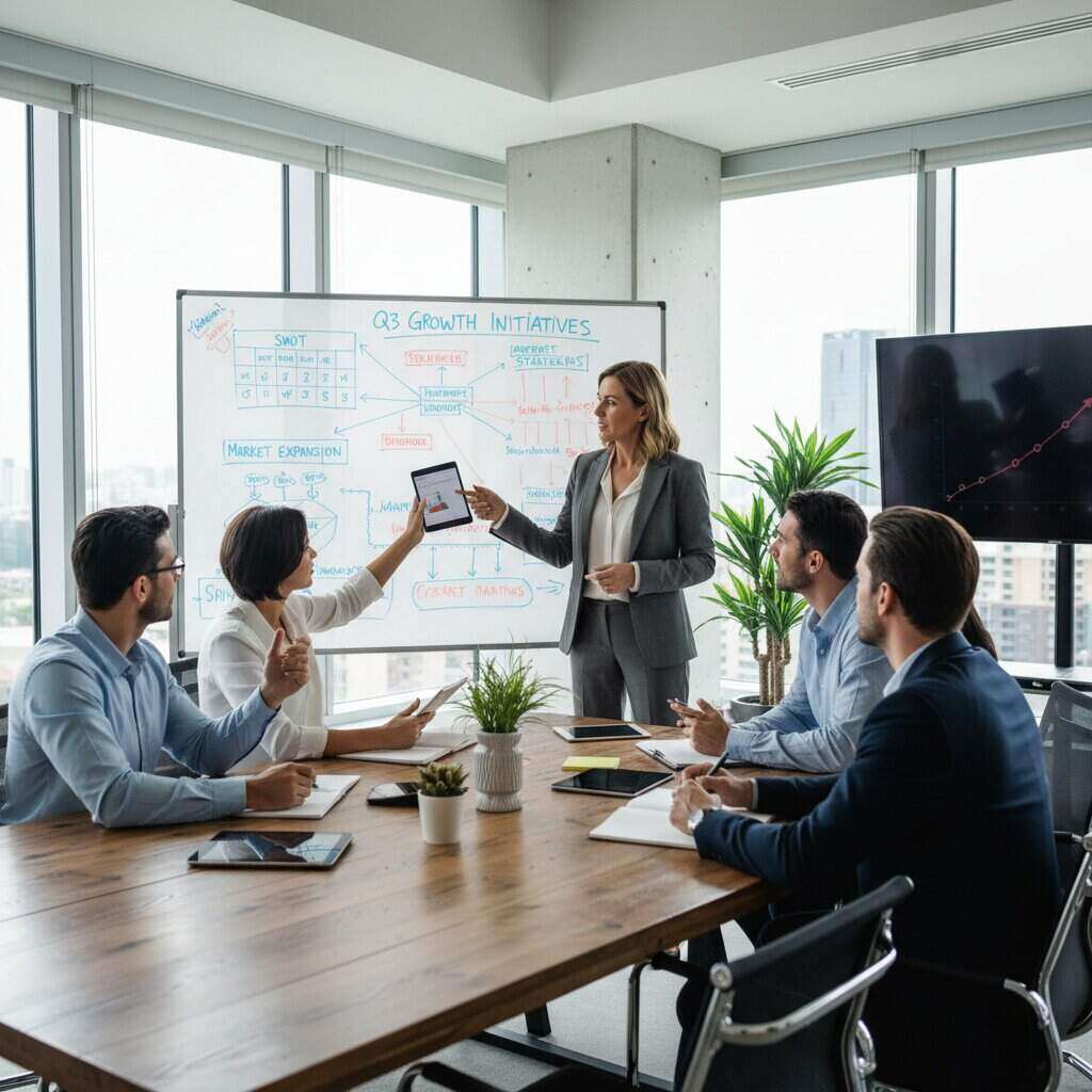 Business entrepreneur leading a team meeting in a modern office, whiteboard with business strategy diagrams, professionals discussing ideas, bright workspace, corporate leadership atmosphere.