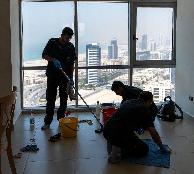cleaning team working inside a modern Jeddah apartment