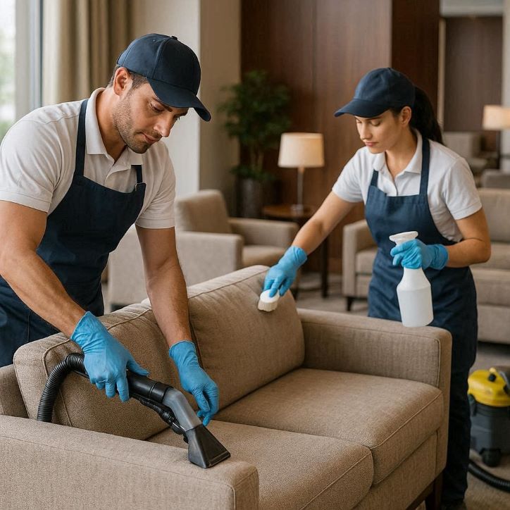 Professional cleaners working on hotel sofas