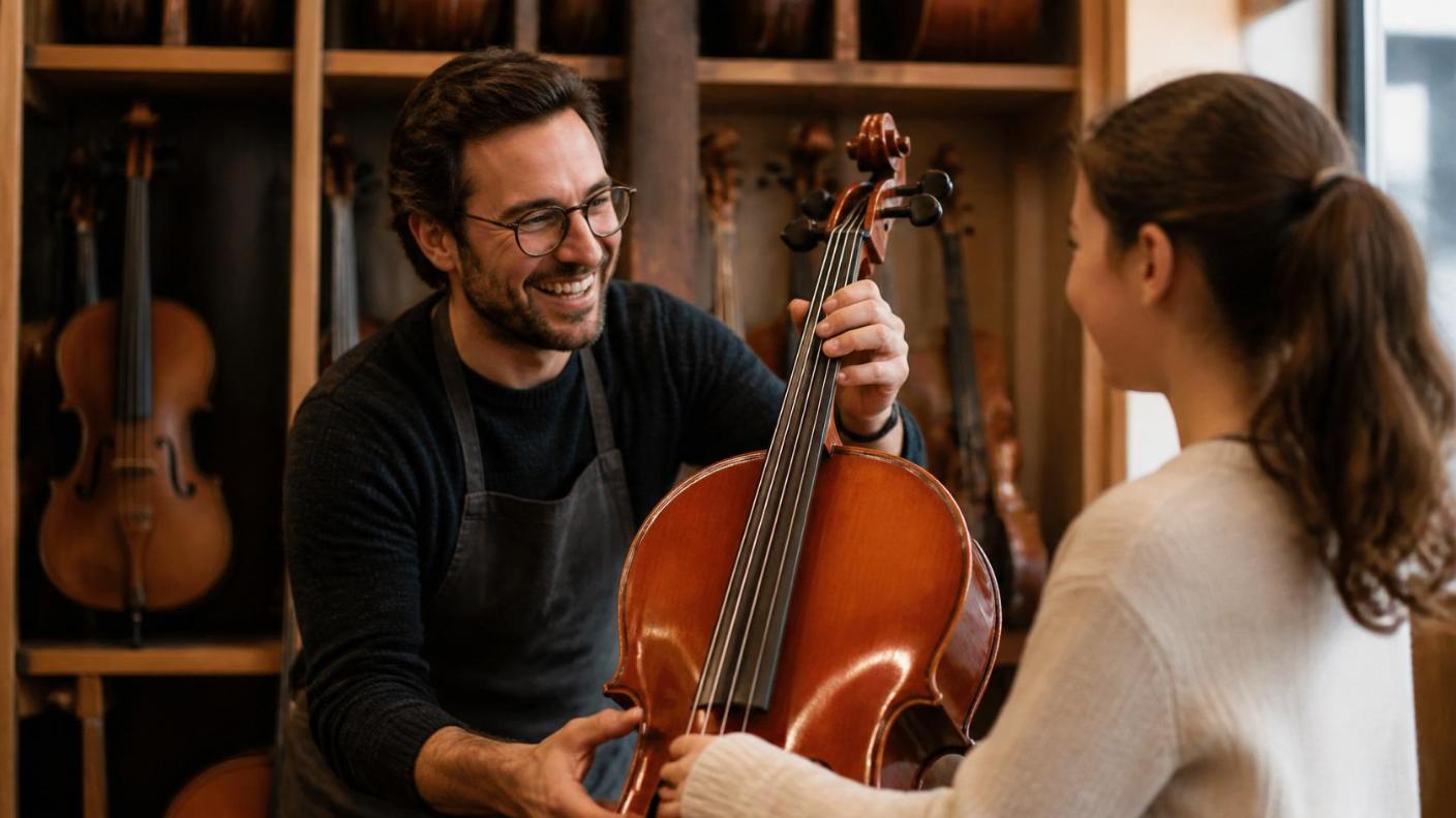 A shop owner hands a cello to a delighted young customer warmly.