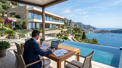 A sophisticated European luxury villa overlooking the Mediterranean Sea, modern architecture with expansive glass windows, landscaped gardens, infinity pool, business executive reviewing investment documents on an outdoor terrace