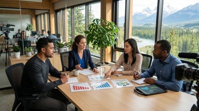 A modern business team discussing sustainability around a table with charts showing energy efficiency, recycling, and environmental planning